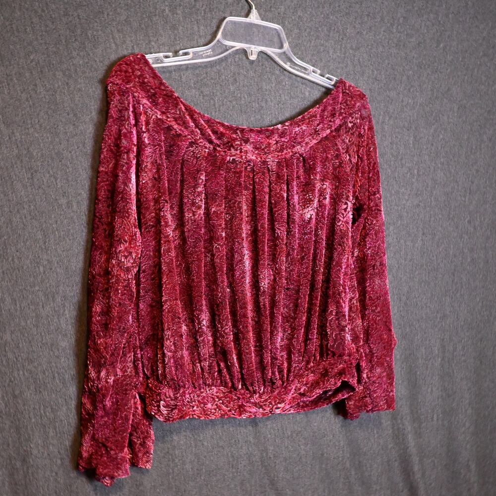 Free People Women's S Ginger Berry Top Velvet Pleated Front Long Sleeve